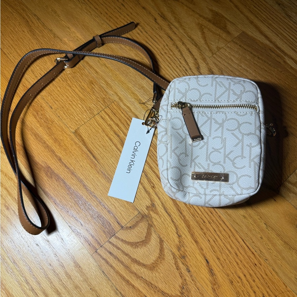Calvin Klein Cream and Brown Crossbody Bag with Adjustable Strap